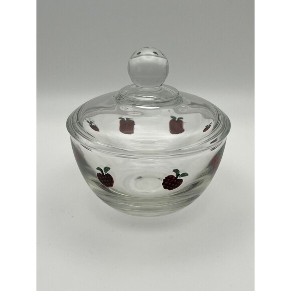 Vintage Anchor Hocking Covered Sugar Bowl Jam Jelly Jar Red Apple Designs Used - Picture 2 of 7